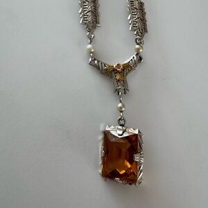 Vintage 10K Gold CITRINE necklace, Art Deco style Ornate Filigree ESTATE JEWELRY